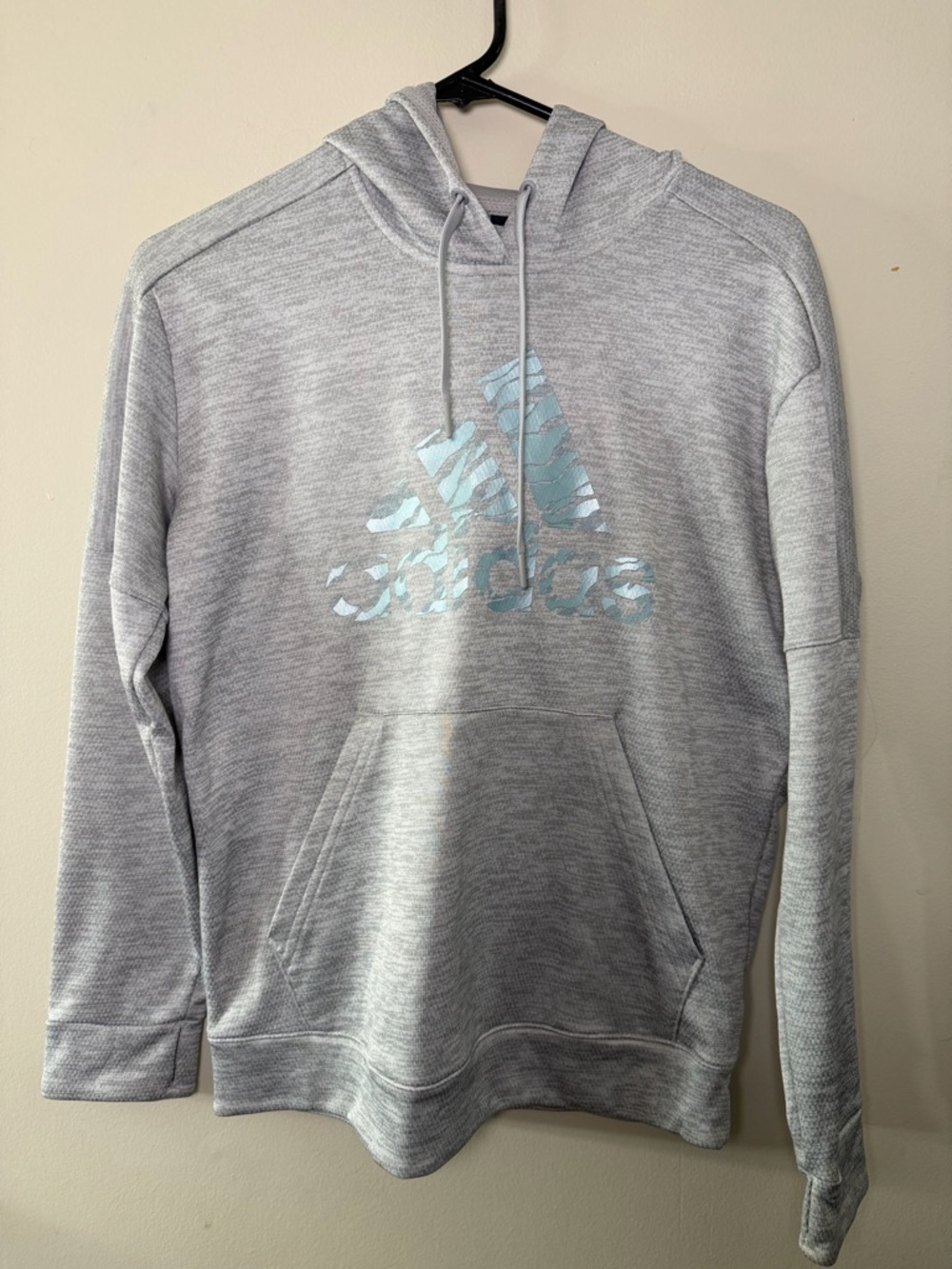Adidas Gray Logo Hoodie Size M Pullover Sweatshirt Athletic Casual